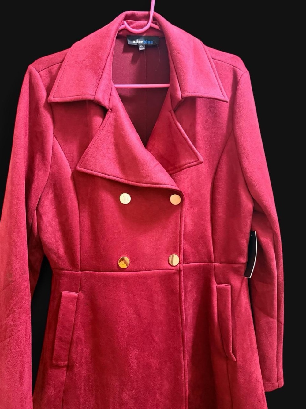 Alice Blue Red Double-Breasted Trench Coat with Gold Buttons - Picture 3 of 4